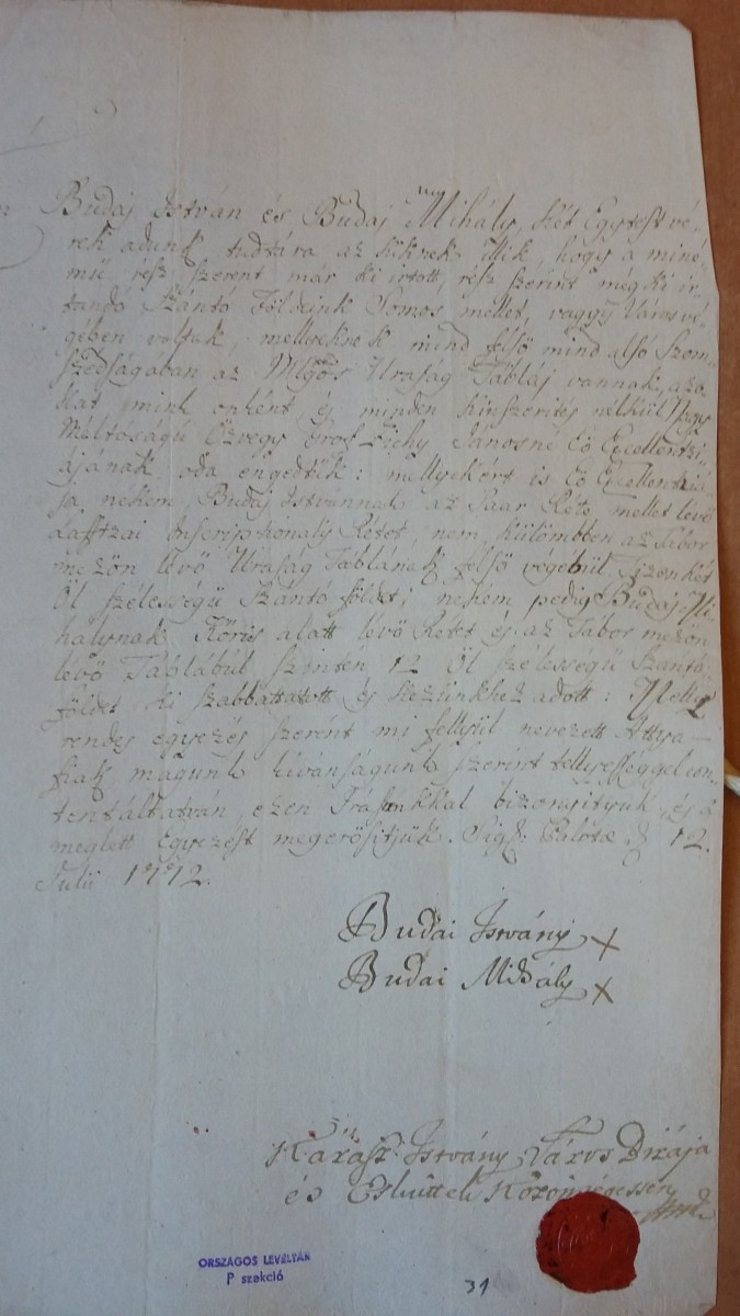Budai István és Budai Mihály uram birtokügylete 1772